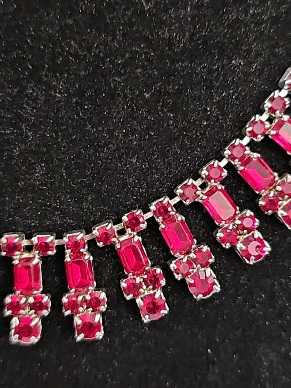 Ruby Red Rhinestone Fringe Statement Necklace & Drop Earring Set - Picture 3 of 11